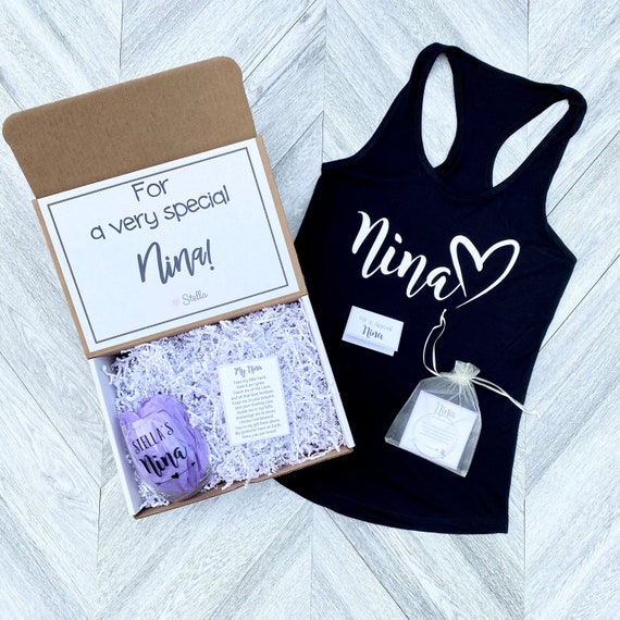 Personalized Nina Gift Box: Wine Glass, Tank Top & Birthstone Bracelet