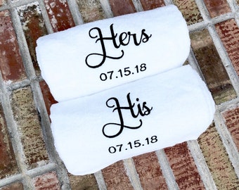 His and Hers Embroidered Bath Towels with Wedding Date - 2 Piece Set - Bridal Shower Gift - Honeymoon Towels