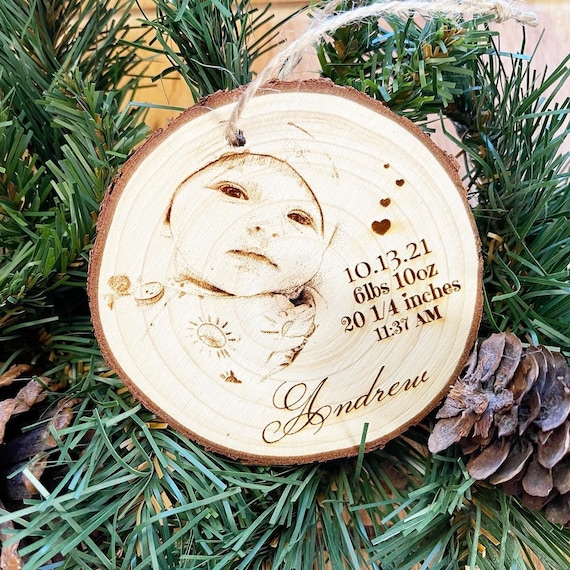 Personalized Photo Ornament: Laser Engraved Wood, Baby Stats Keepsake
