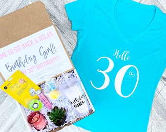 Spa Birthday Gift Set - HELLO 30 Spa gift box with Birthday Girl Shirt - Tumbler - Complete Spa Items - Succulent and Candle