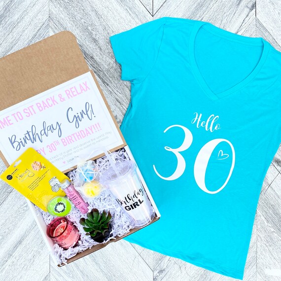 Spa Birthday Gift Box: Hello 30 Shirt, Tumbler, Succulent & Candle