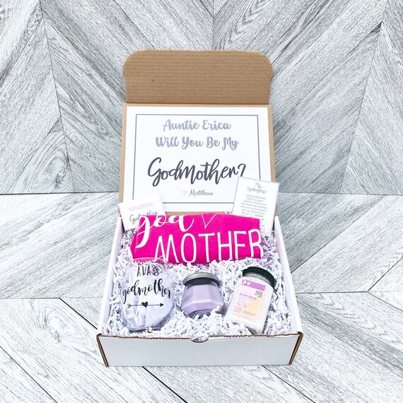 Personalized Godmother Gift Box: Wine Glass, Tank Top & Candle