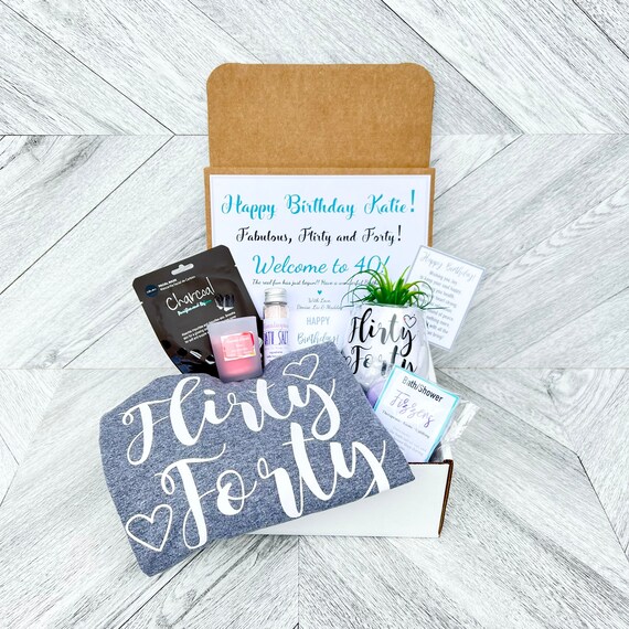 Flirty Forty Birthday Spa Gift Box: Shirt, Wine Glass, Succulent & Candle