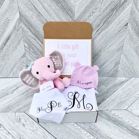 Personalized Newborn Gift Box: Elephant Plush, Bodysuit, Bib & Beanie