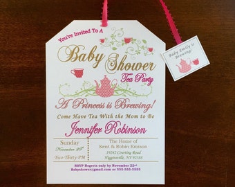 Tea Bag Baby Shower Invitations - A princess is brewing - pink and gold