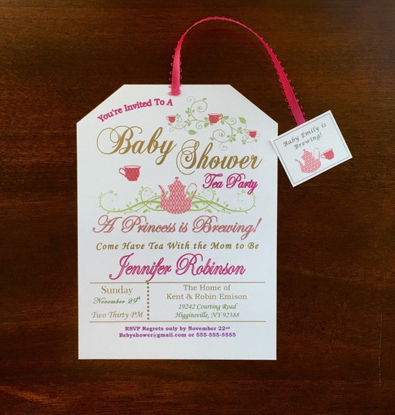 Tea Bag Baby Shower Invitations - A princess is brewing - pink and gold
