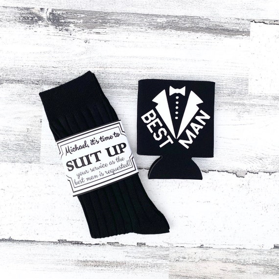 Best Man Socks and Drink Coolie - Will you be my best man- Best Man service requested - Suit up Best Man socks - Best Man proposal