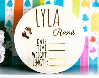 Baby Name with Stats Engraved Welcome wooden sign - Baby Announcement Circle - Engraved Newborn Welcome