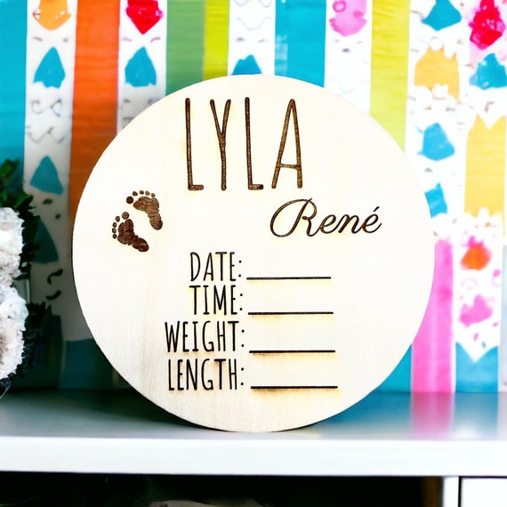 Engraved Wooden Baby Announcement Sign: Newborn Stats Circle (4 inch)
