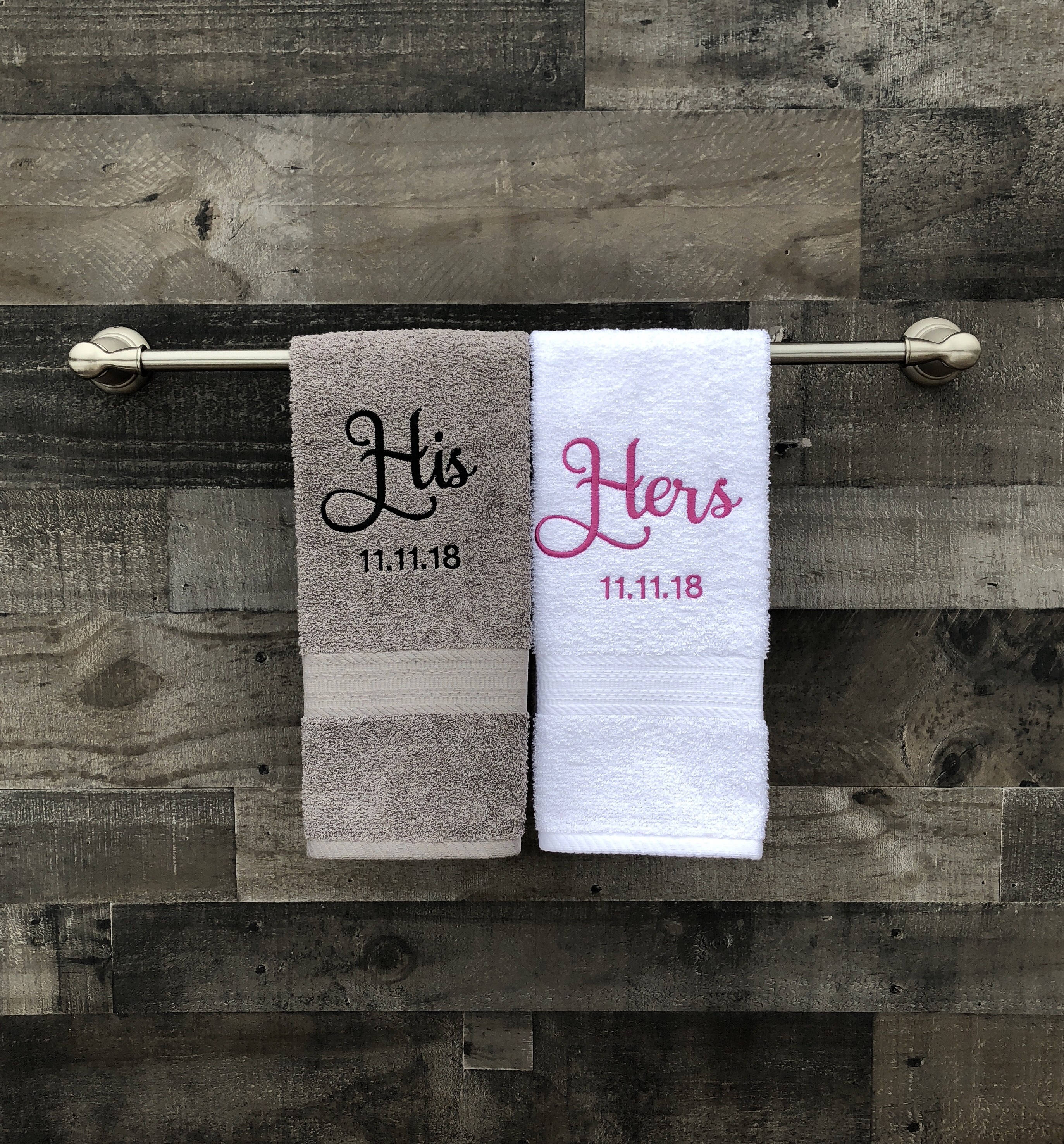 His and Hers Embroidered Hand Towels with Wedding Date 2 Piece Set
