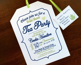 Tea Party Bridal Shower Invitation - Navy and Green with Ribbon and Tea Tag Registry