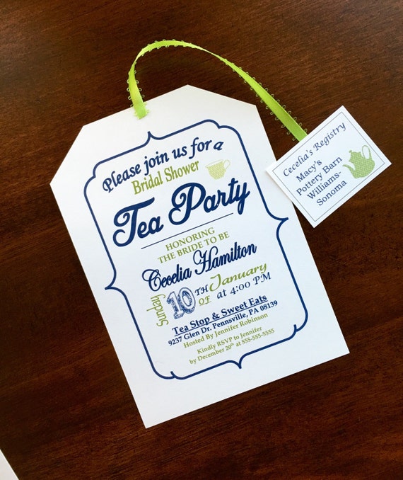 Tea Party Bridal Shower Invitation: Navy, Green, and Ribbon