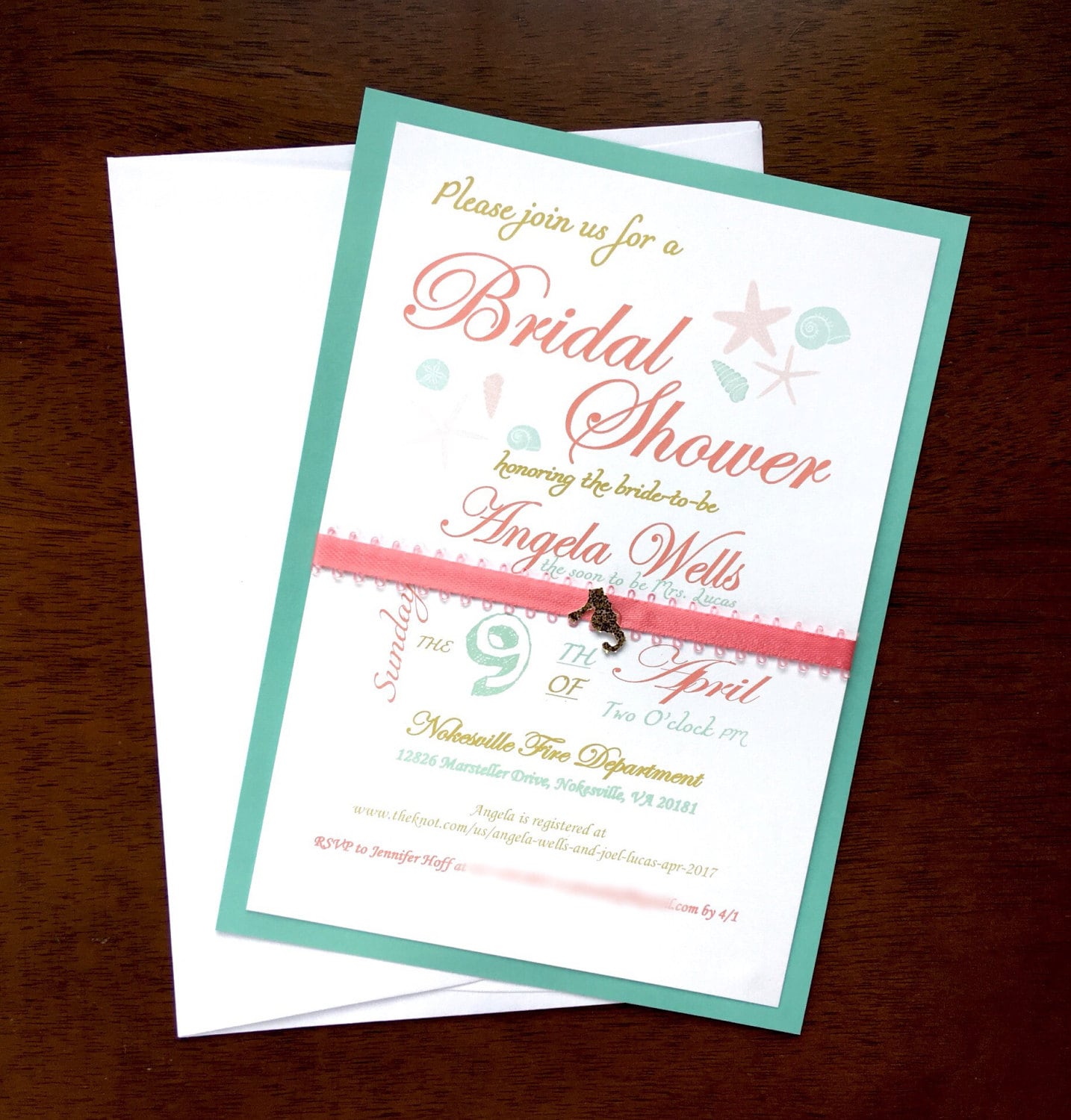 Bridal Shower Invitation Beach Themed Coral And Mint