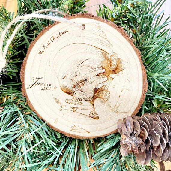 Personalized Photo Ornament: Laser Engraved Wood, Baby Stats Keepsake