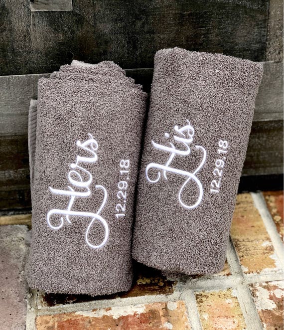 Embroidered His and Hers Bath Towels: Personalized Wedding Date Gift Set