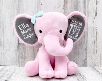 Elephant Baby Stats Gift for New Baby - Stuffed Animal Elephant with Baby Statistics