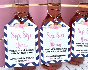 Pink and Navy Favor Tags for Small Wine or champagne Bottles - Customizable Tags - Sip Sip Hooray - Bridal Shower Favors - Wedding Favors