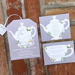 May include: A tea-themed bridal shower invitation with a teapot silhouette and the text "Time for Tea with the Bride-to-Be". The invitation includes the date, time, location, and RSVP information.