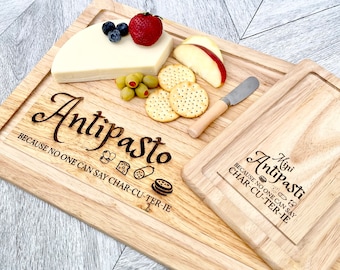 Wood (2) Engraved Antipasto boards with cheese knife - Set of 2 - Funny Gift - Antipasti Charcuterie Board - Comical Gift