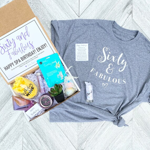 Spa Birthday Gift Set - Sixty and Fabulous Spa Set with Birthday Shirt - Wine glass or Shot Glass - Complete Spa Set- Succulent and Candle
