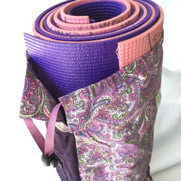 SALE - Yoga Bag - colorful pink paisley print with upcycled purple pant leg with pockets