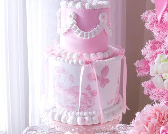 Fake Cake, Pink Lambeth Cake, LoveShackFancy Inspired Cake, Bridal Shower, Wedding Cake, Cottagecore Tea Party Prop, Romantic Centerpiece