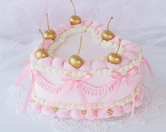 Fake Heart Cake, Bow Cake, Pink Cake, Vintage Cake, Birthday Cake, Faux Cherry Cake, Wedding Cake Prop, Cottage Decor, Romantic Cake, Bows