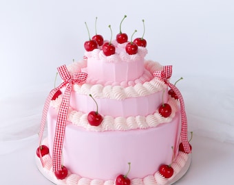 Fake Cake, Cherry Cake, Cake Prop, Tea Party Prop, Coquette Cake, Fancy Cake, Three Tier Cake, Birthday Cake, Kitchen Decor, Cherry Decor