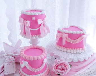 Fake Cake, Heart Cake, Vintage Style Wedding Cake, Realistic Cake, Coquette Decor, Party Cake, Rose Pink Cake, Photography Prop, Bow Cake