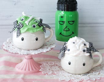 Halloween Mini Mug, Pink Halloween, Mummy Mug, Cute Spooky Halloween, Tiered Tray Mug, Green Monster Mug, Coffee Bar Decor, Fake Bake Drink