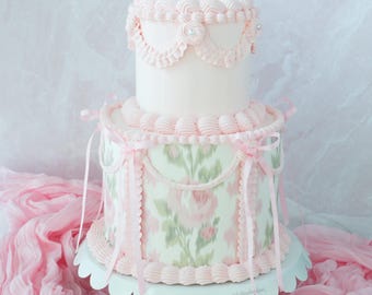 Fake Cake, Vintage Cake, Bow Cake, Tea Party Prop, Romantic Cottagecore Centerpiece, Lambeth Cake, Pink Cake, Bridal Shower, Wedding Cake