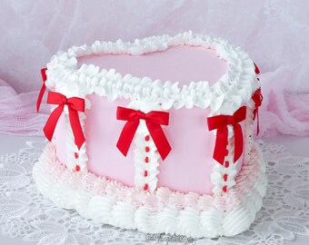 Fake Heart Cake, Pink Cake, Vintage Cake, Birthday Party Cake Prop, Faux Red Cake, Wedding Cake Prop, Cottage Decor, Romantic Cake, Bow Cake