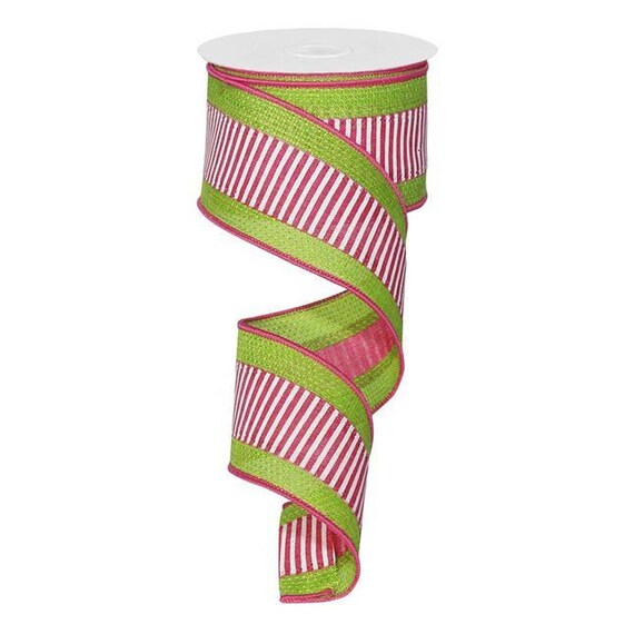 2.5 Horizontal Stripe Ribbon Hot Pink & Green Ribbon Etsy