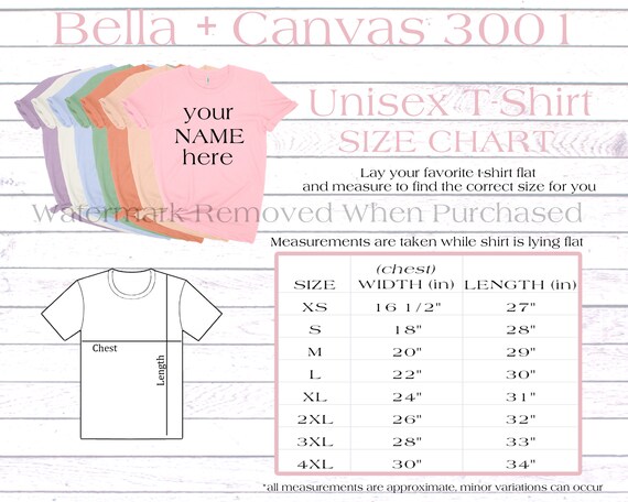 Unisex Bella Canvas Size Chart