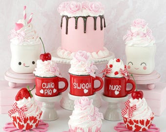 Valentine Mini Mug, Pink Valentine Cake, Chocolate Drip Cake, Fake Strawberry Cupcake, Pink Mug Topper, Valentine Tiered Tray, Heart Decor