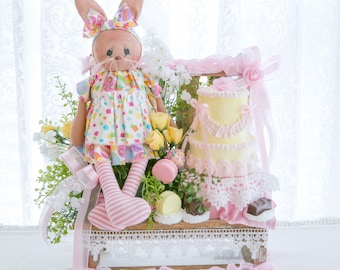 Easter Bunny Decor, Vintage Spring Arrangement, Fake Lambeth Cake, Victorian Centerpiece, Spring Table Display, Pastel Romantic Floral