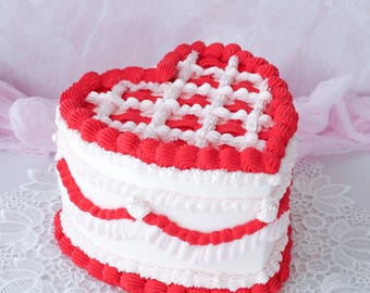 Fake Heart Cake, Pink Cake, Vintage Cake, Birthday Cake, Faux Cake, Wedding Cake Prop, Cottage Decor, Romantic Cake, Basket Weave Cake
