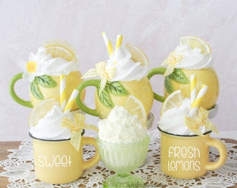 Lemon Mini Mugs, Fake Lemon Sorbet, Faux Ice Cream, Lemon Tiered Tray,Lemon Decor, Photo Prop, Fake Lemon Desserts, Yellow Kitchen Decor