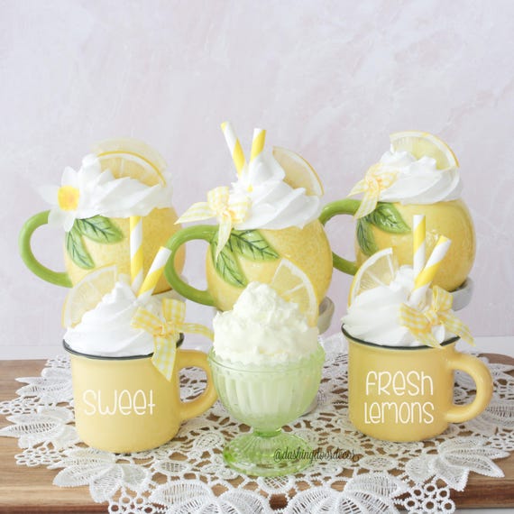 Lemon Mini Mugs, Fake Lemon Sorbet, Faux Ice Cream, Lemon Tiered Tray,Lemon Decor, Photo Prop, Fake Lemon Desserts, Yellow Kitchen Decor