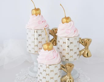 Mini Mug, Coquette Decor, Bow Mug, Pink Fake Bake, Birthday Party Mug, Gold Bow Mug, Tea Party, Tiered Tray, Preppy Room Decor, Vanity Decor
