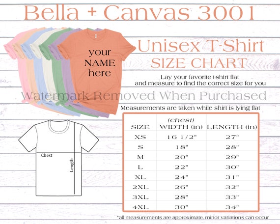 Bella Plus Canvas Size Chart