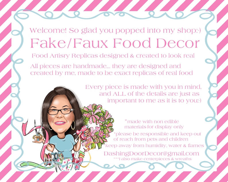 May include: A cartoon image on a pink and white striped background, with the text "Fake/Faux Food Decor." The image shows a woman with glasses holding craft tools. The text describes handmade food replicas designed to look real.