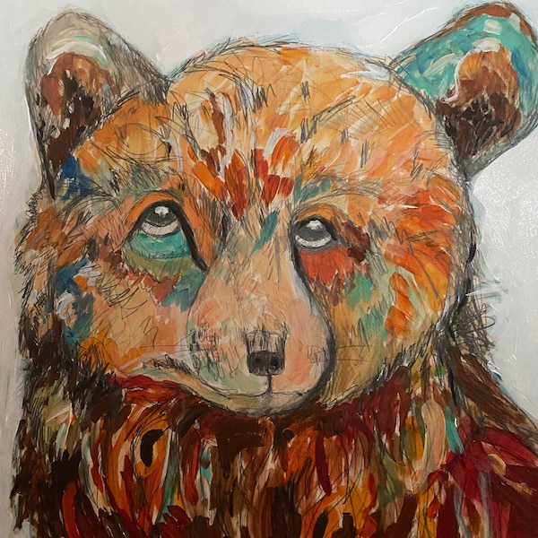 Bear/Buffalo acrylic and graphite original painting on wood panel 24x24. 2 inch deep