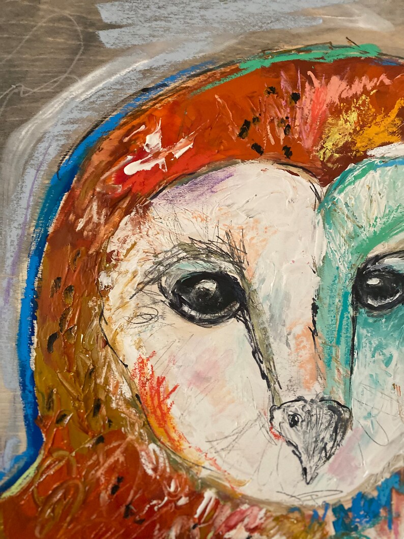 Owl Painting on Wood Panel With Acrylic,graphite and Oil Pastels 16x20