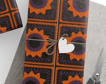 Patrón de papel de regalo de ganchillo para Halloween: naranja, negro y morado, acabado brillante