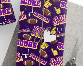 Papel de regalo con temática de fútbol, morado y amarillo, fiestas del día del partido, celebraciones de fútbol, ideas únicas para envolver regalos, regalo de fútbol de bandera