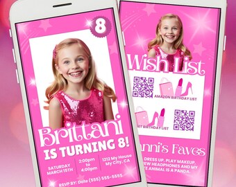 Invitación de cumpleaños para muñeca: Fiesta glam rosa (plantilla de Canva)