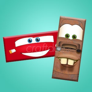 May include: Two printable images of characters from the Disney Pixar movie Cars. The first image is of a red race car with a white smile and blue eyes. The second image is of a rusty brown tow truck with a white smile and green eyes.