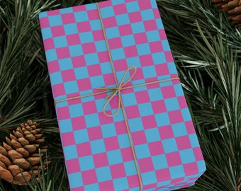 Cotton Candy Checkered Light Blue and Pink Wrapping Paper, Christmas Gift, Birthday Gift for Girl, Trendy, Gamer Gift, Preppy Gift Wrap