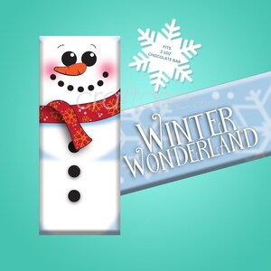 Könnte beinhalten: Ein druckbarer Schokoladenriegel-Wrapper mit einem Schneemann mit rotem Schal und dem Text "Winter Wonderland". Passt für einen 60 g Schokoladenriegel.
